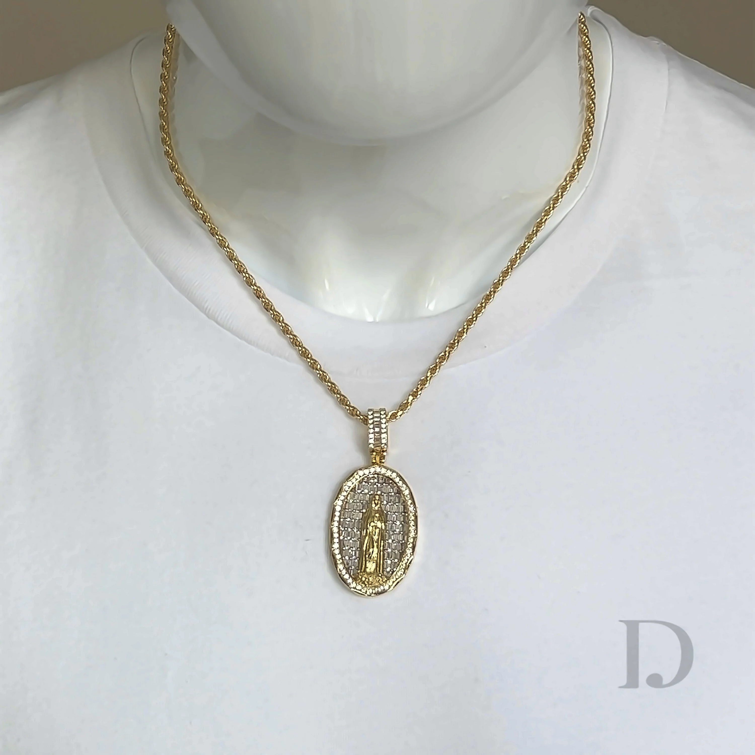 Baguette Diamond Virgin Mary 14K Gold Medallion Pendant - Image 5