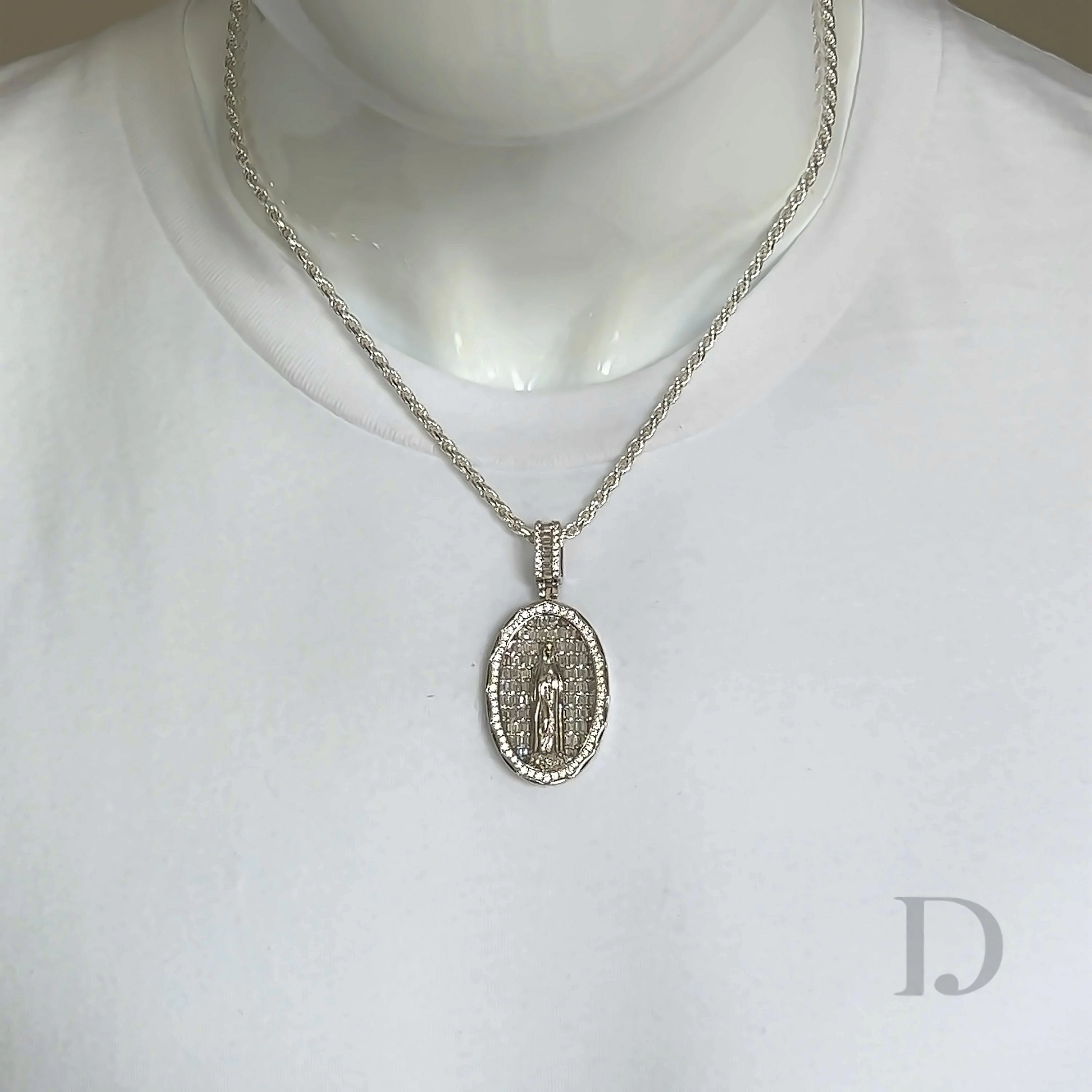 Baguette Diamond Virgin Mary Medallion Pendant - Image 5